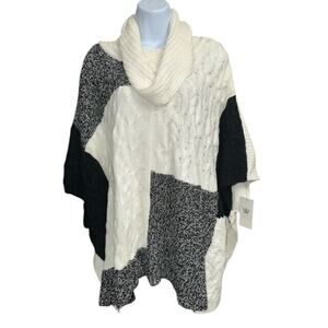 Chaus New York L/XL Poncho Sweater Black White Cable Knit Cowl Neck Comfy Cozy